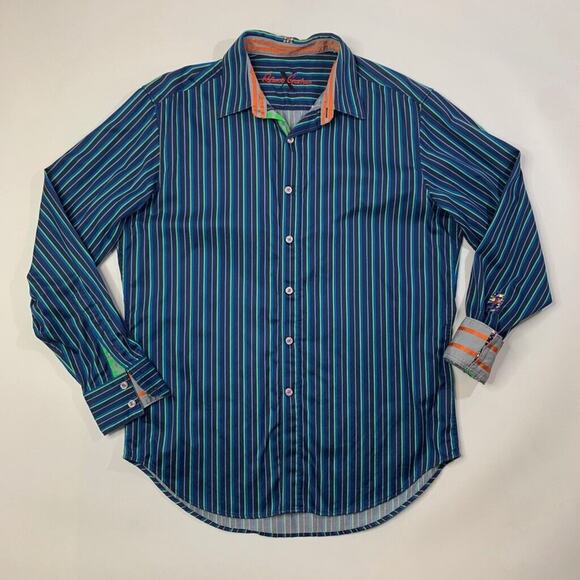 Robert Graham Shirt Mens L Large Navy Multi Cotton Flip Cuff Striped Button Up - Picture 2 of 11